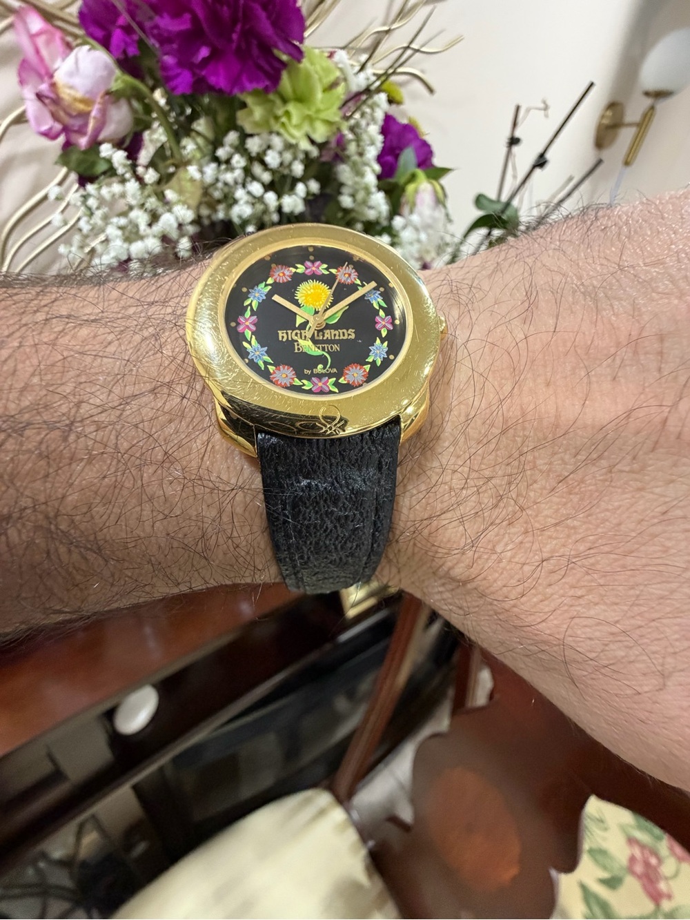 Vintage Benetton by Bulova Highlands Watch Floral Dial Black Leather Original